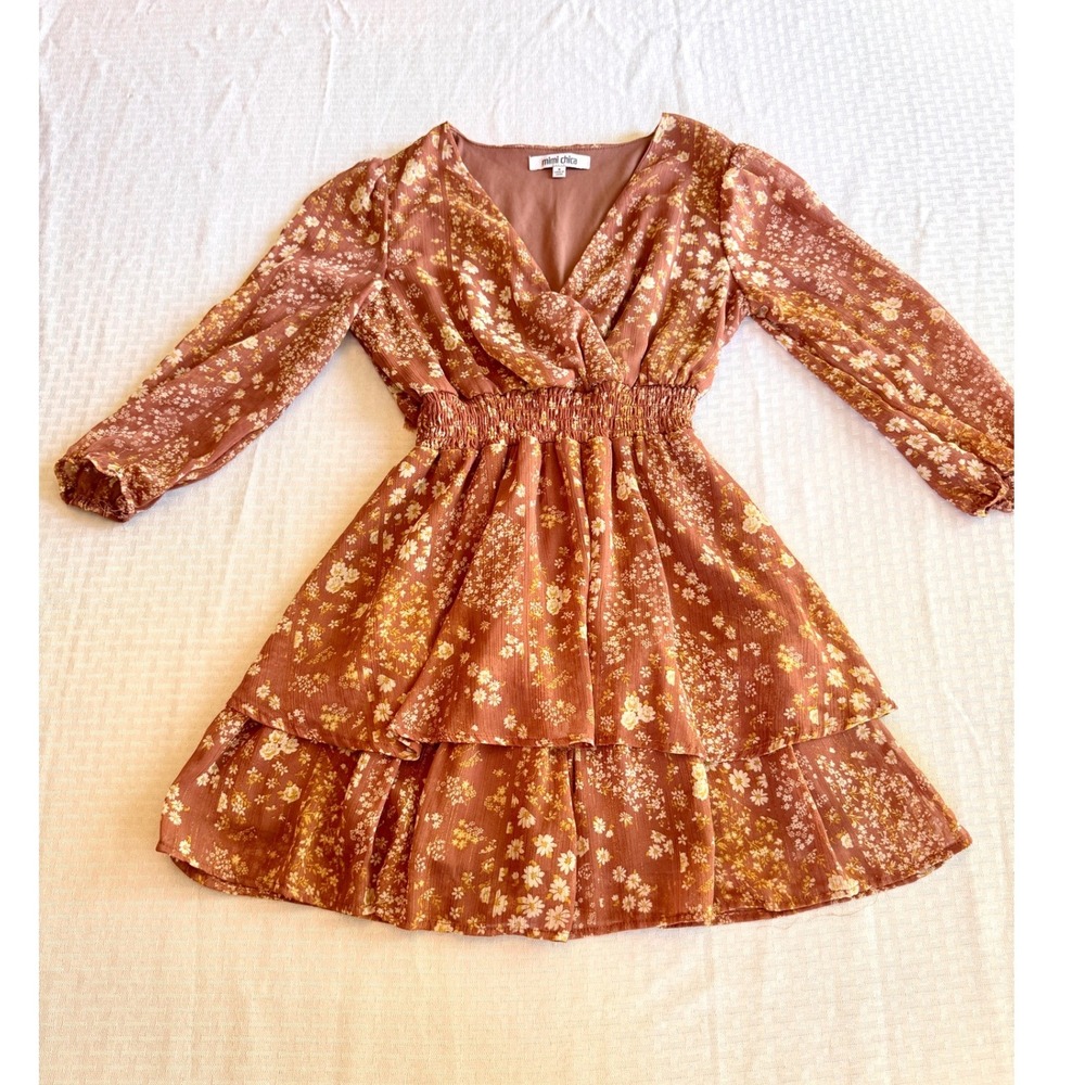 Mimi Chica Floral Boho Mini Dress Rust Brown Metallic Smocked Waist Small